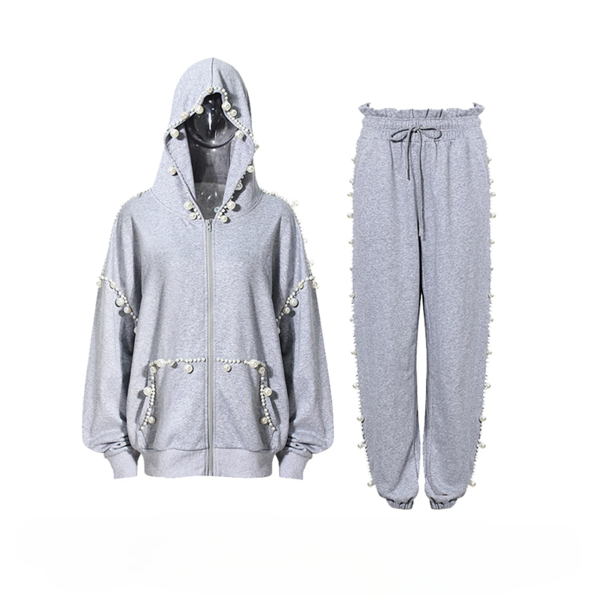 

2025 Grey Hooded Sweatshirt Women's Autumn New Luxury Design Loose and Lazy Style Long Sleeved Top Pearl Set Conjuntos Femininos