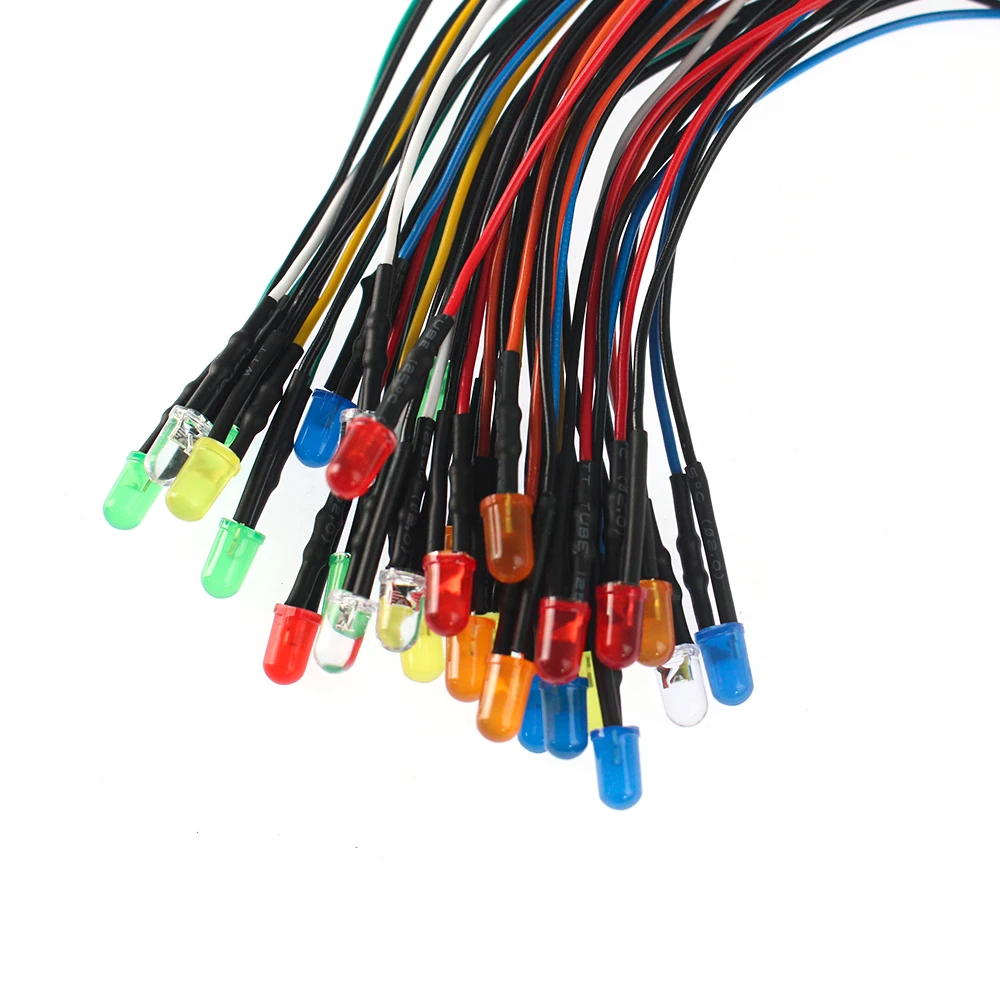 20-50PCS 12V 5mm LED Diode 20cm Pre Wired 6Colors White Red Green Blue Yellow Orange LED Light Emitting Indicator Assortment Kit