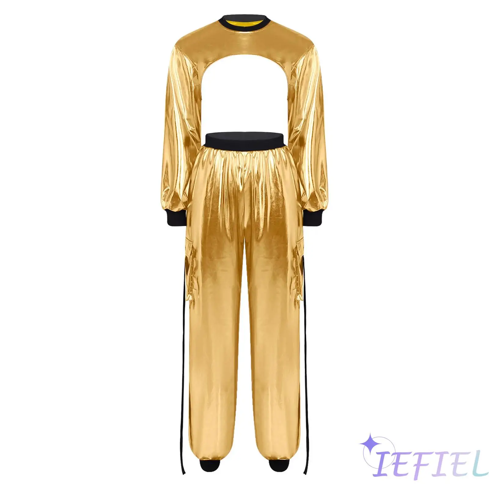 

Metallic Shiny Jazz Street Dance Outfit for Women Long Sleeve Crop Top and Cargo Jogging Pants Clubwear for Hip Hop Disco Dance