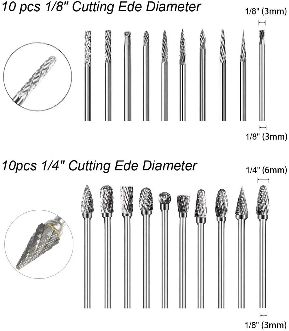 Tungsten Carbide Rotary Burr Set 1/10/20pcs, with 3mm Shank 6mm Bit for Wood & Stone Carving