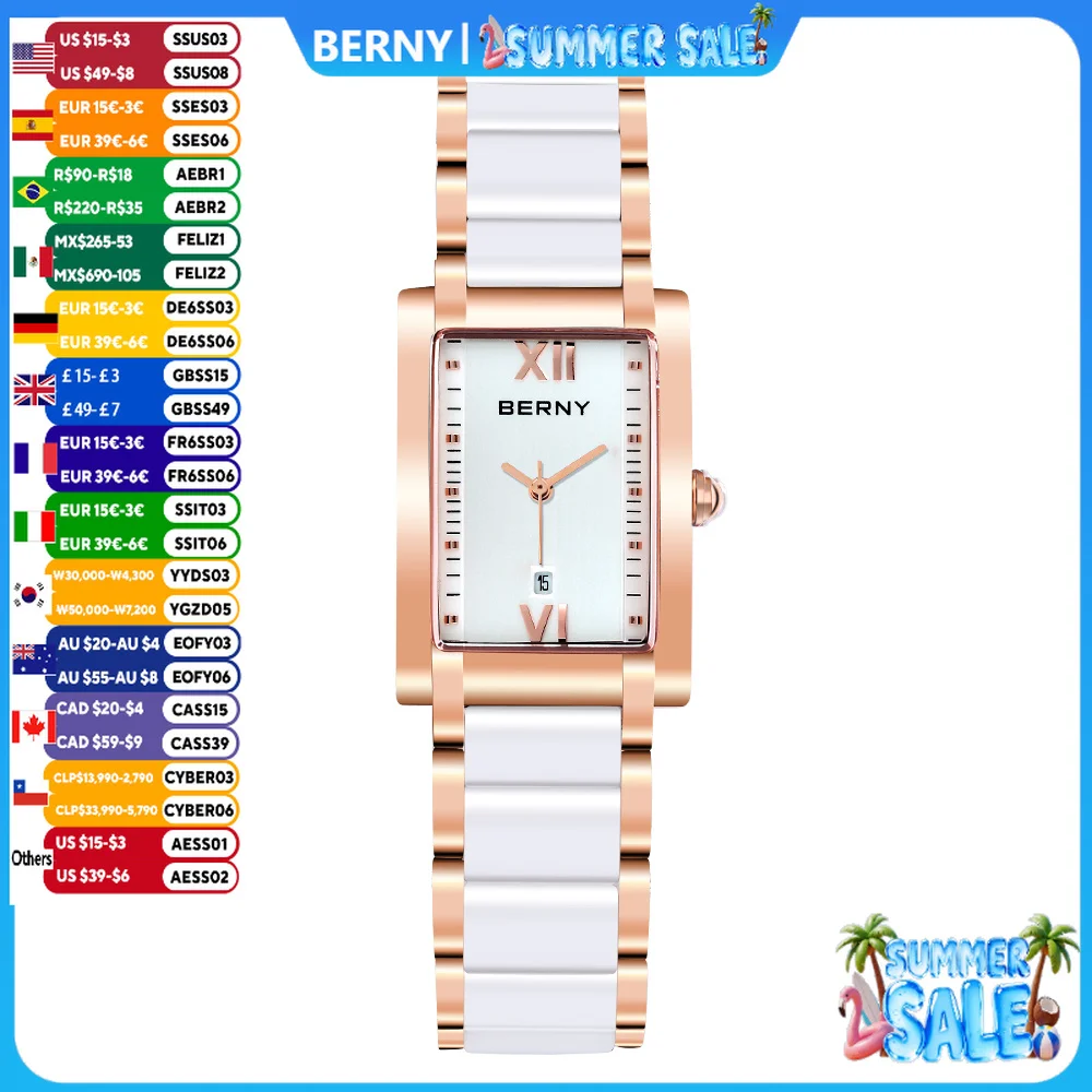 

BERNY Women's Watches Calendar Date Elegant Classic Rectangle Ceramics Quartz Ladies Watch Luxury Fashion Women Wristwatch