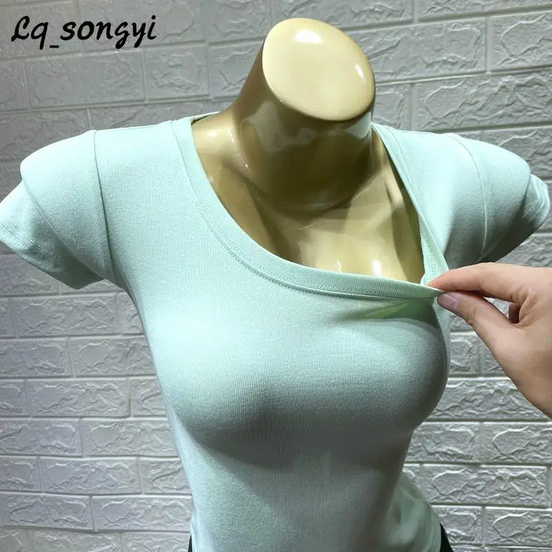 

Lq_songyi O Neck T Shirts Slim Fit Crop Tops Women High Strecth Tight Top 2024 New Summer Short Sleeve Solid Short Thin T Shirt