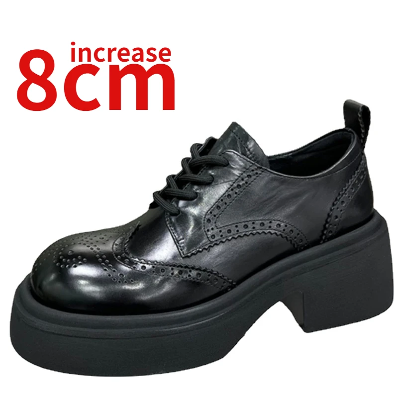 Genuine Leather Shoes for Women Increased 8cm Spring New Thick Soled Fashionable Women's European/America Carving Leather Shoes