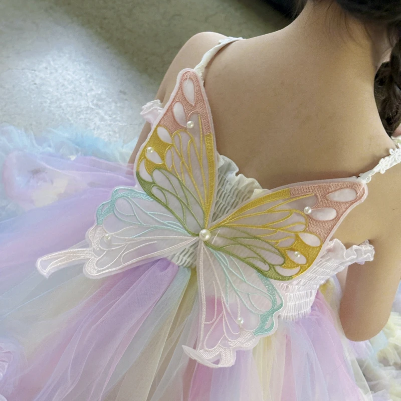 Baby Girls Clothes Princess Dresses Girl\'s Rainbow Yarn Dress Lace Ruffle Butterfly Fairy Dress Children toddler Girl Long Dress