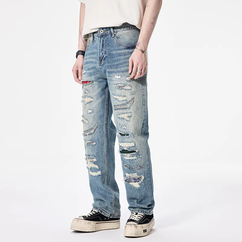 Street Designer Fashion Men Jeans Retro Blue Straight Fit Hole Patched Ripped Jeans Men Hip Hop Y2K Vintage Baggy Denim Pants