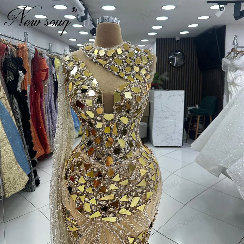 African Gold Sequins Evening Dresses Elegant Arabic Dubai Beading Prom Dress Cape Sleeves Crystals Wedding Party Gowns For Women