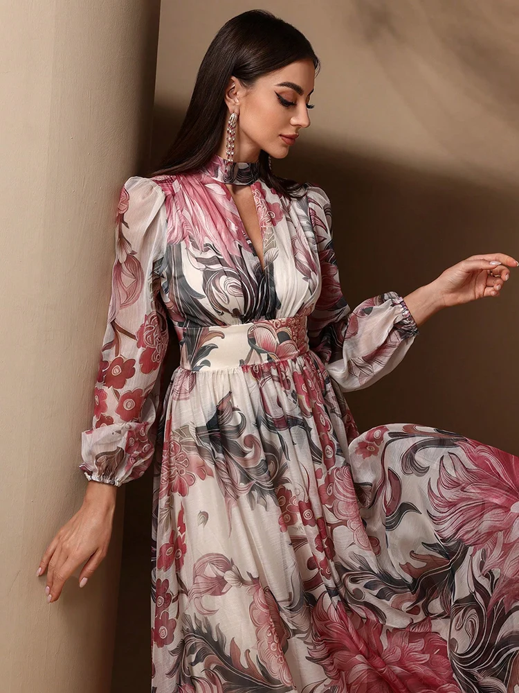 TOLEEN-Women Floral Allover Print Maxi Dress, Cut Out Long Sleeve, High Waist Tie Back, Casual Elegant, Formal Summer Dress, 2024