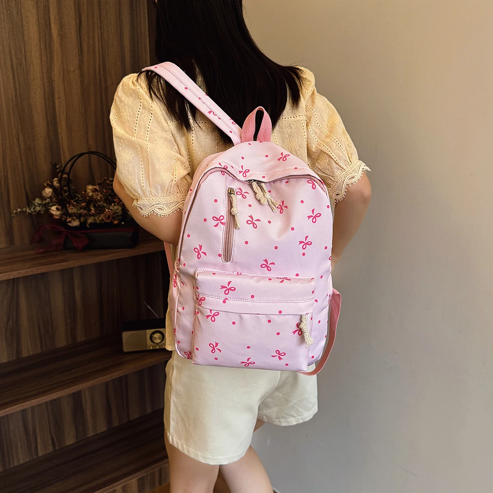 3Pcs/Set Bow Print School Backpack with Handbag and Pencil Case Aesthetic Daypack for Girl Women Travel