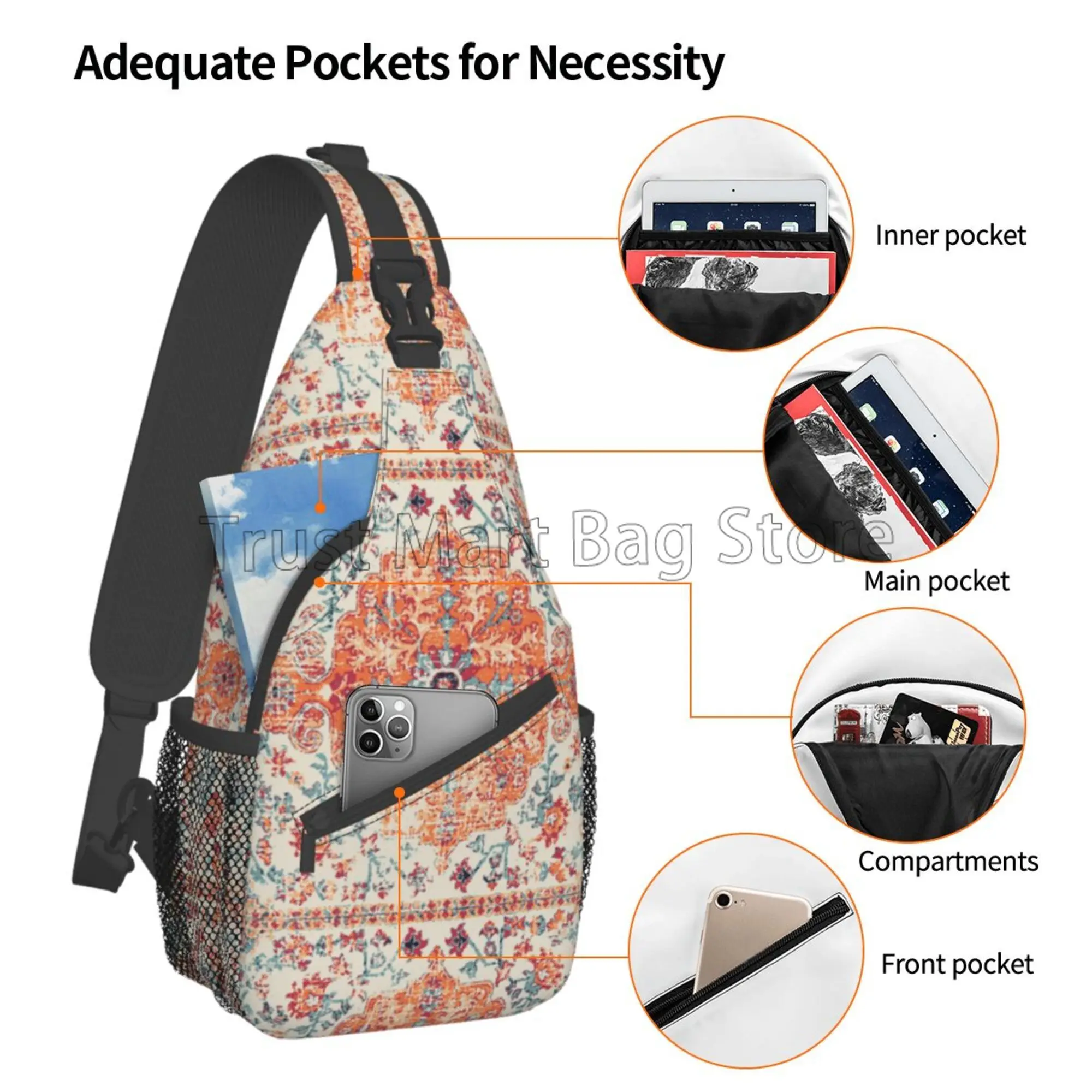 Terracota Asteca Padrão Crossbody Sling Mochila, Boho Travel Bag, Caminhadas Daypack, Unisex Casual Peito Ombro Daypack