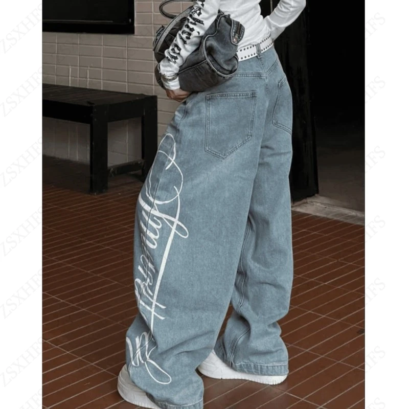 

Винтажные джинсы в стиле хип-хоп с буквенным принтом для женщин, свободные утягивающие джинсовые брюки с высокой талией, широкие брюки, свободная женская уличная одежда