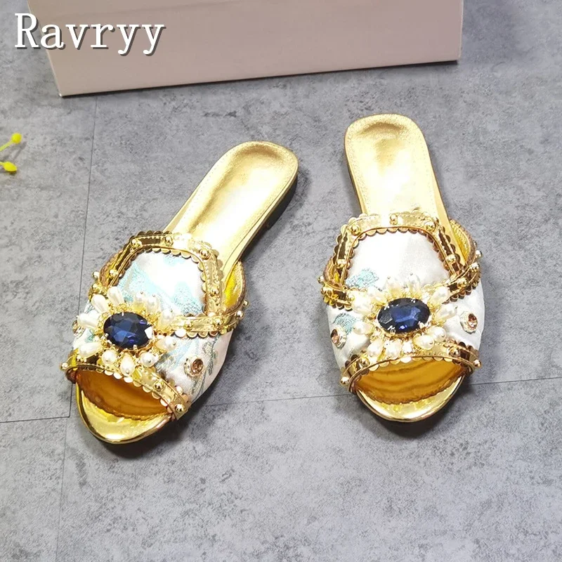 Luxury Gemstone Flower Women Slippers Designer Floral Cloth Open Toe Flat Bottomed Sandals Summer New Comfortable Beach Slipper