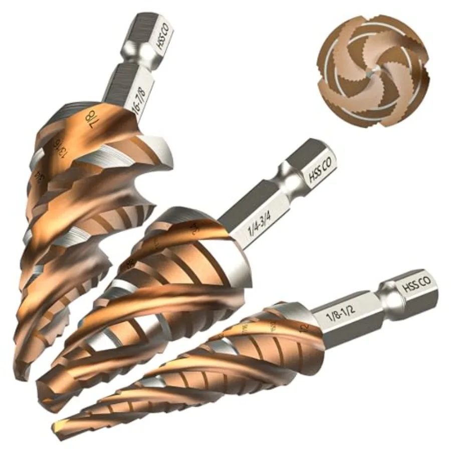 

M35 Cobalt HSS Step Drill Bit Set Four Spiral Flute Unibit Step Bits 1/8" with WearResistant TiAlN Coated 1/4" Hex Shank for Me