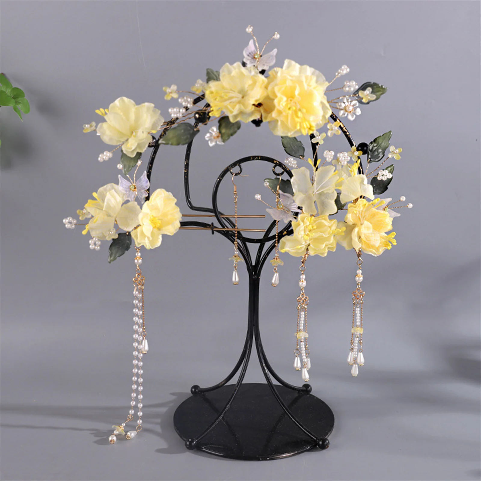 

Women Hair Clip Hairpin Earrings with Flower Yellow Silk Flower Decor Artificial Vintage Headpiece for Han Cloth Matching Hair