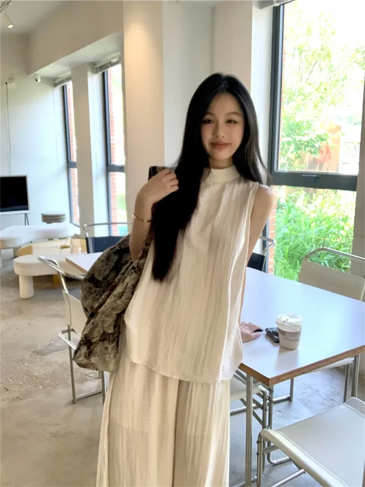 Lazy Style Summer Fashion Two Piece Set Loose O Neck Sleeveless Long Shirt&Casual Wide Leg Pants Sets Black Apricot 2Pc Suits