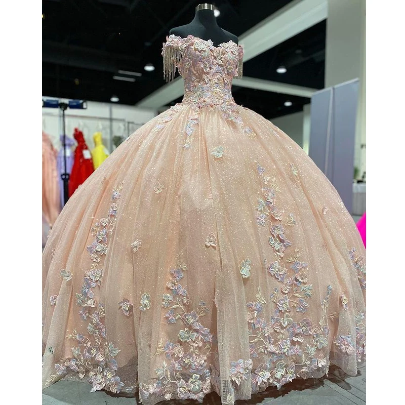 ANGELSBRIDEP Luxury Mexican Quinceanera Dresses Backless Corset 3D Flower Appliqued Beading Robes De Ball Princess Prom Gowns