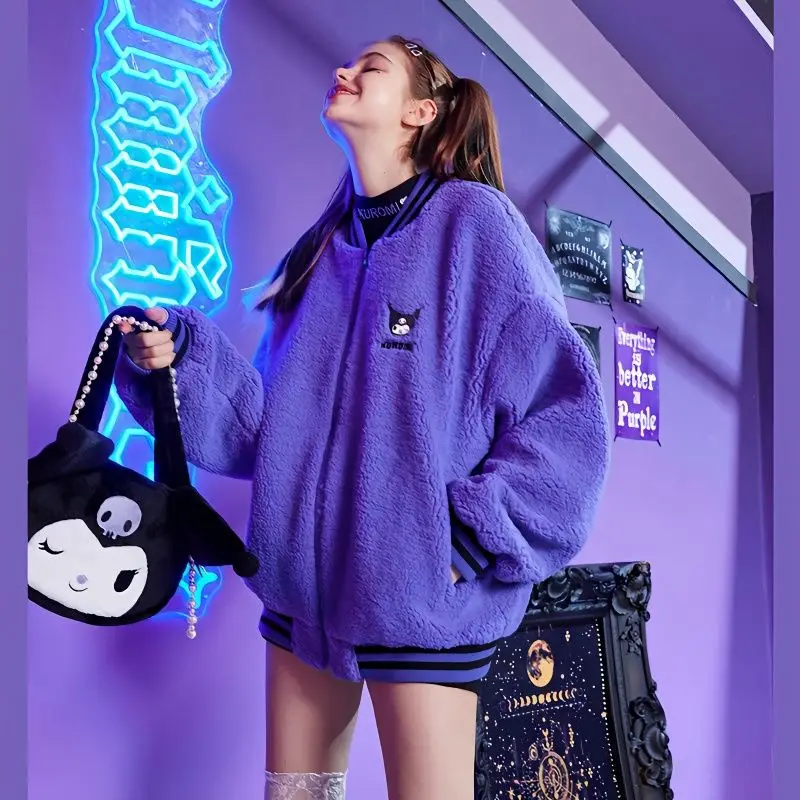 Sanrio Kuromi autumn and winter new Japanese students purple embroidered lamb wool baseball uniform women\'s winter loose jacket