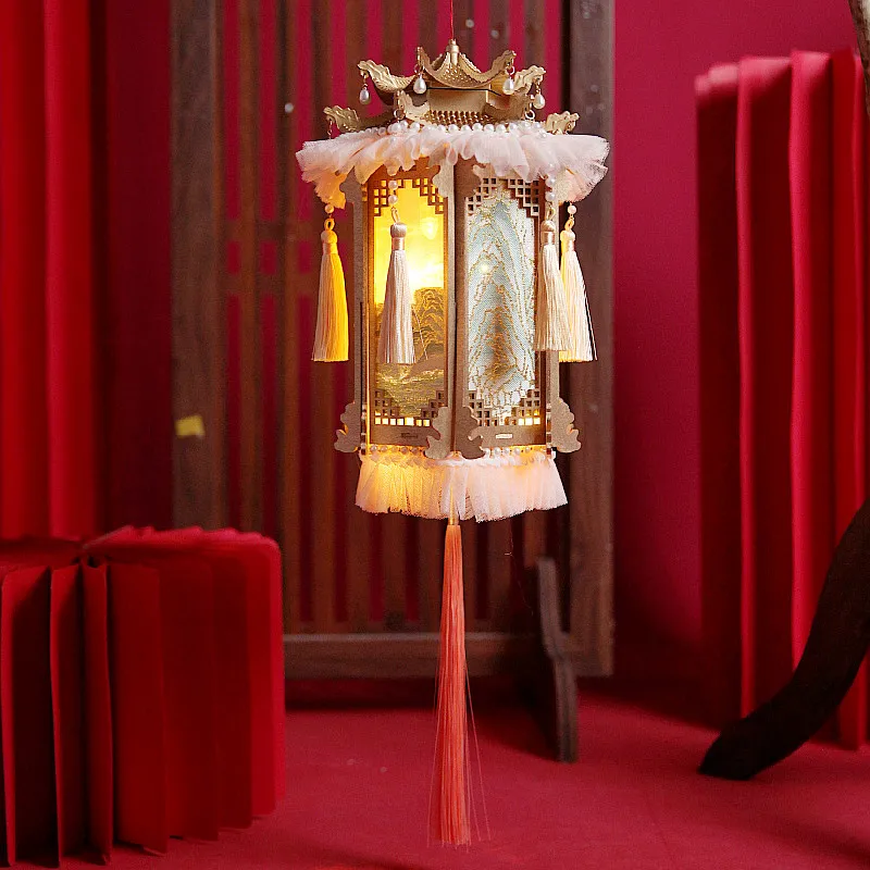 Antique hexagonal palace lamp cage, court photo props dance, handmade wooden croissant lamp walking lamp finished product