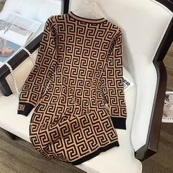 Autumn Winter vintage jacquard knitting midi dress Women elegant temperament Long sleeve A-line skirt All-match Casual dresses