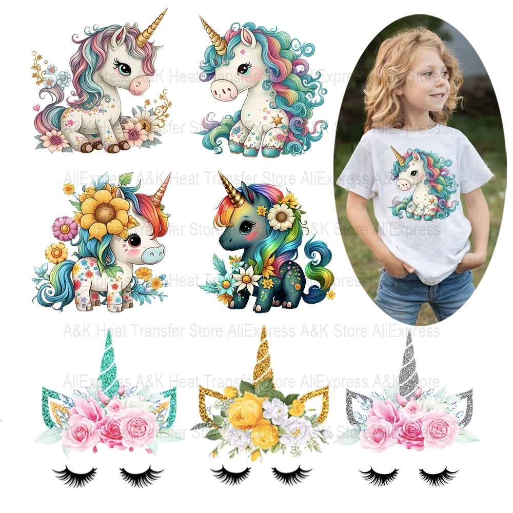 Iron on Transfer Unicorn Floral  Heat-sensitive Patches Application Stripes on Kids Clothes ironing Printing for Tops DIY Decals