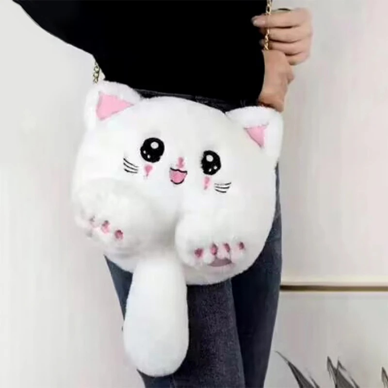 

Cute Cartoon Plush Doll Bag Student Backpack Girl Chain Single Shoulder Crossbody Bag Soft Furry Cat Messenger Bag Purse