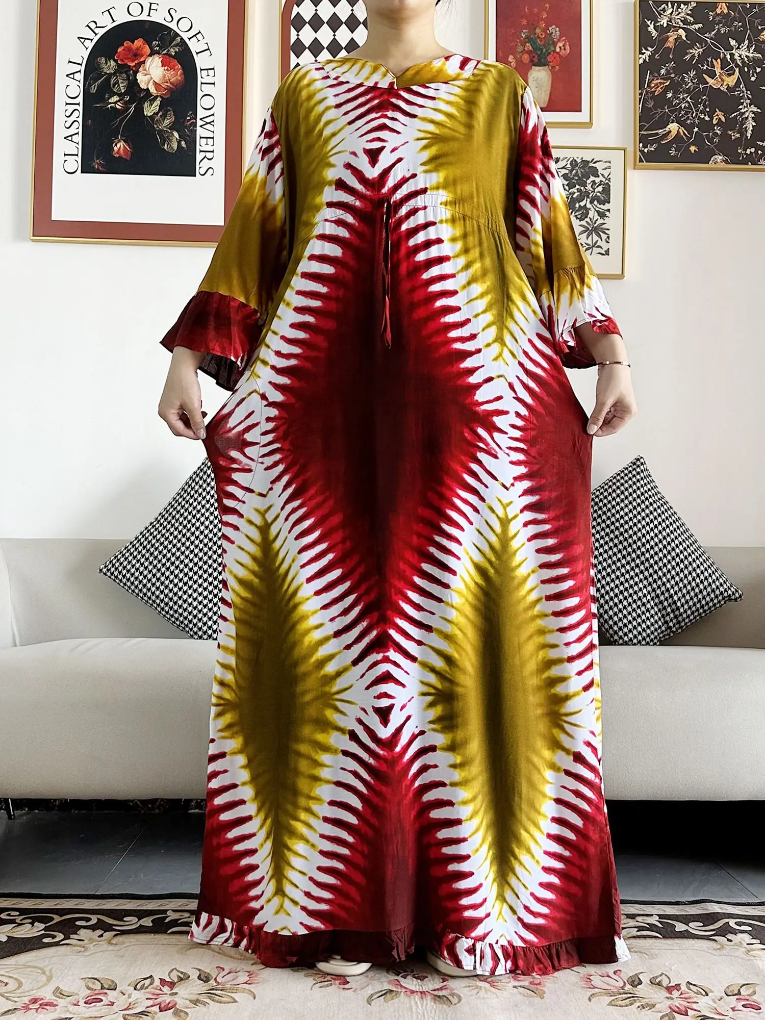 2024 New African Women Long Sleeve Tie-dyed Colorful Dashiki Cotton Floral Dress Printing Loose Caftan Dress Casual Vestido