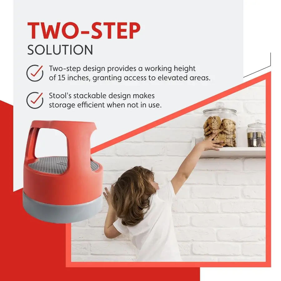 Scooter Stool, Round, 2Step, 15, Step and Lock Wheels, 300 lb Capacity, Red