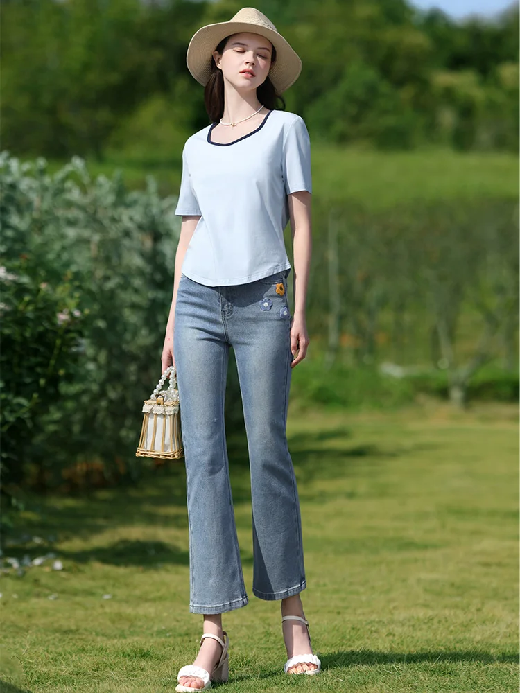 I BELIEVE YOU Jeans donna 2024 azzurro ricamo a vita alta dritto estate nuovi pantaloni sigaretta retrò Basics 2241165584