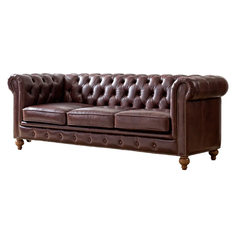 

Medieval leather sofa living room three-person combination American retro pull button oil wax cowhide