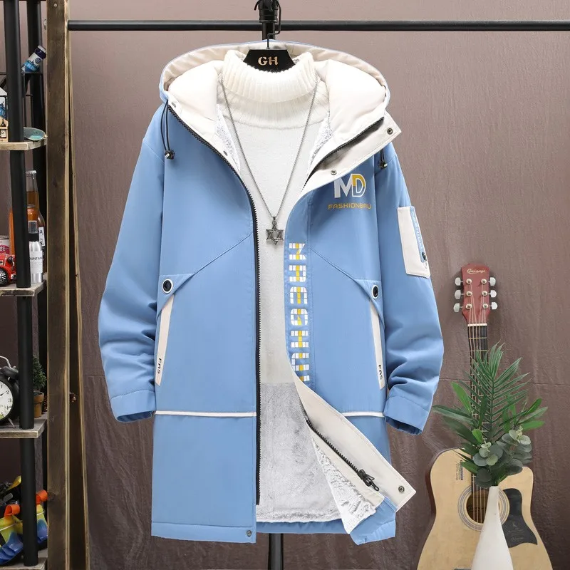2024 Men\'s Long Cotton Lined Jacket Autumn Winter Classic Trend Long Windbreaker Men\'s Casual Loose High-quality Hooded Jacket