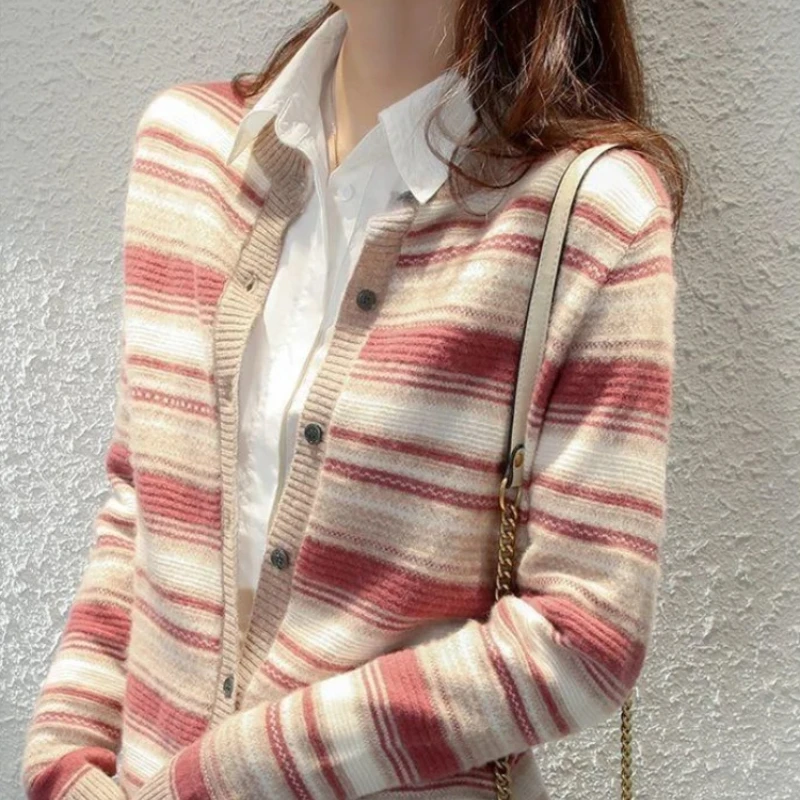 

Coat Striped Outerwear Knitted Sweater Woman Round O Neck Cardigan for Women Attractive Korean Fashion Novelties in Light Casual