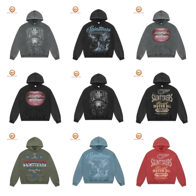 24SS Multicolour SAINT Washed Print Letters Vintage Hoodie Winter Mens Womens Top Quality Hoodie Sweatshirt