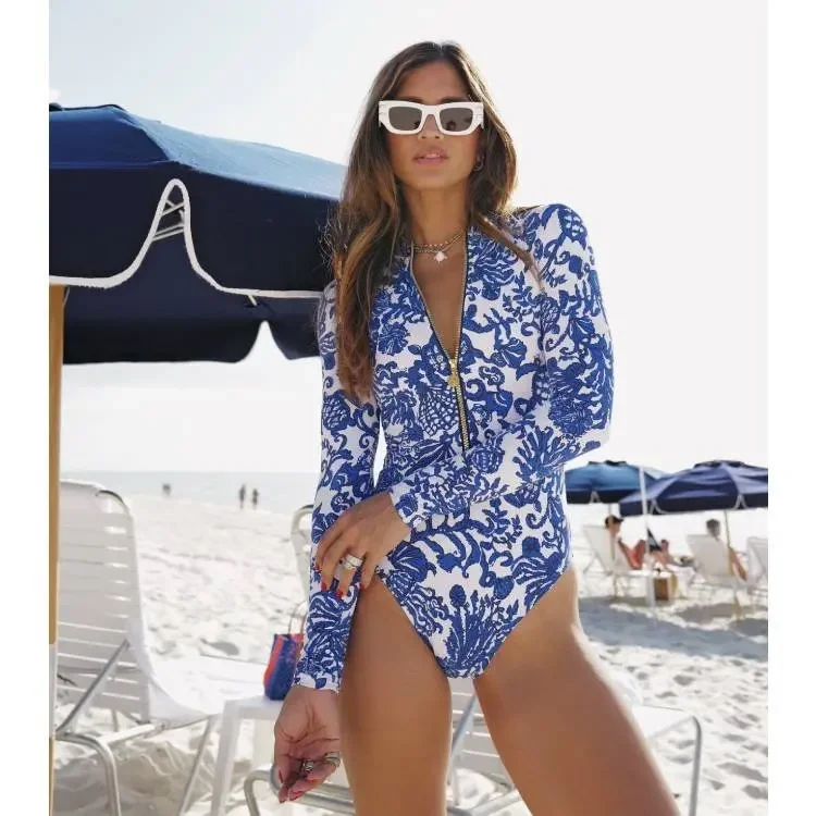 

2024 Women's two-piece swimsuit Zip Beach Swimwear Women Vacation Beach outing Bathing Suit Bikini set surfing suit