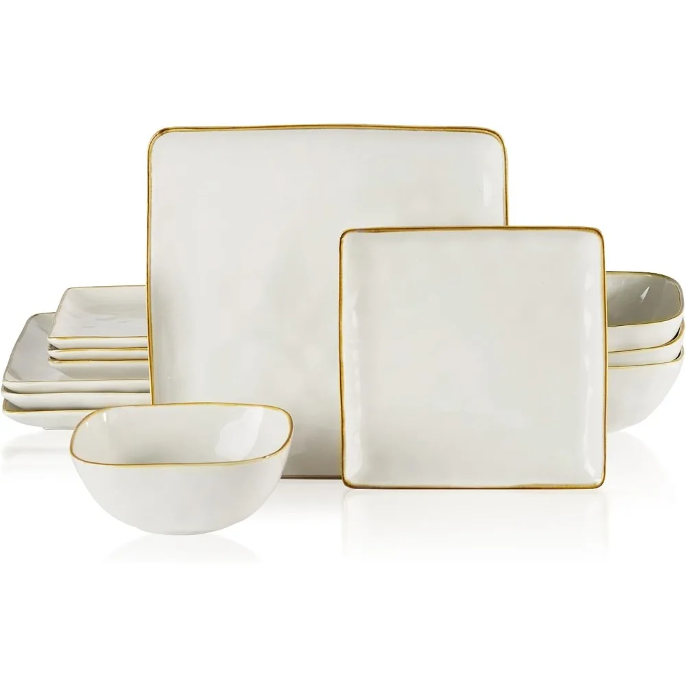 Dinnerware Sets for 4, Ocean Square 12-Piece Kitchen Plates and Bowls Sets, Microwave and Dishwasher Safe, Scratch Resistant