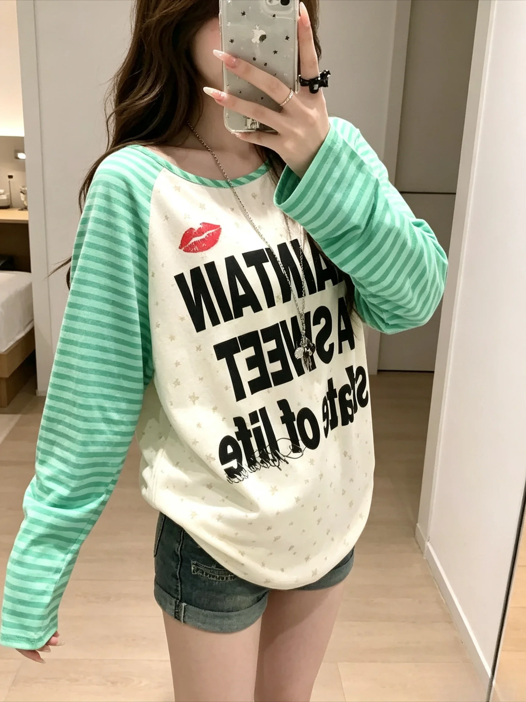 Men's and Women's Matching Long-Sleeved T-Shirt Green and White Stripes American Retro Shoulder-Pressed Sleeve Casual Shirt Y2k