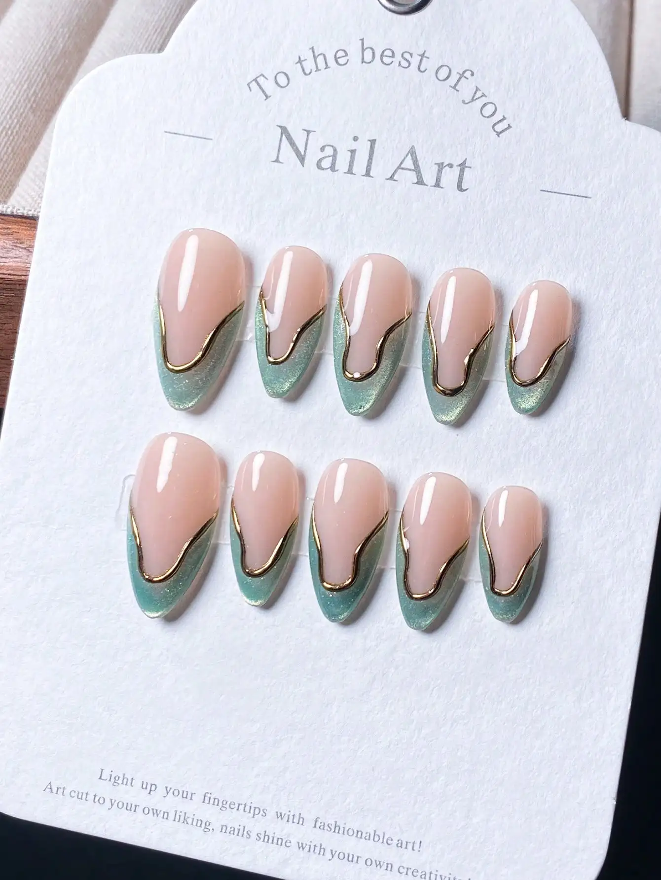 

10Pcs Handmade French Press-On Nails | Nude Pink Base With Mint Green Gradient & Gold Line Accents