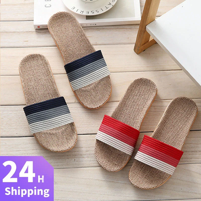 

New Linen Slippers Men Women Home Indoor Sandals Unisex Flax Non-Slip Shoes Comfortable Flat Slides Shower Pantuflas Hombre
