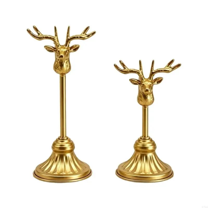 Deer Head Table Accent Pair in Antique Gold Metal, Two Item Candlestick Set with Standard Cup and Tiered Form for 87HA