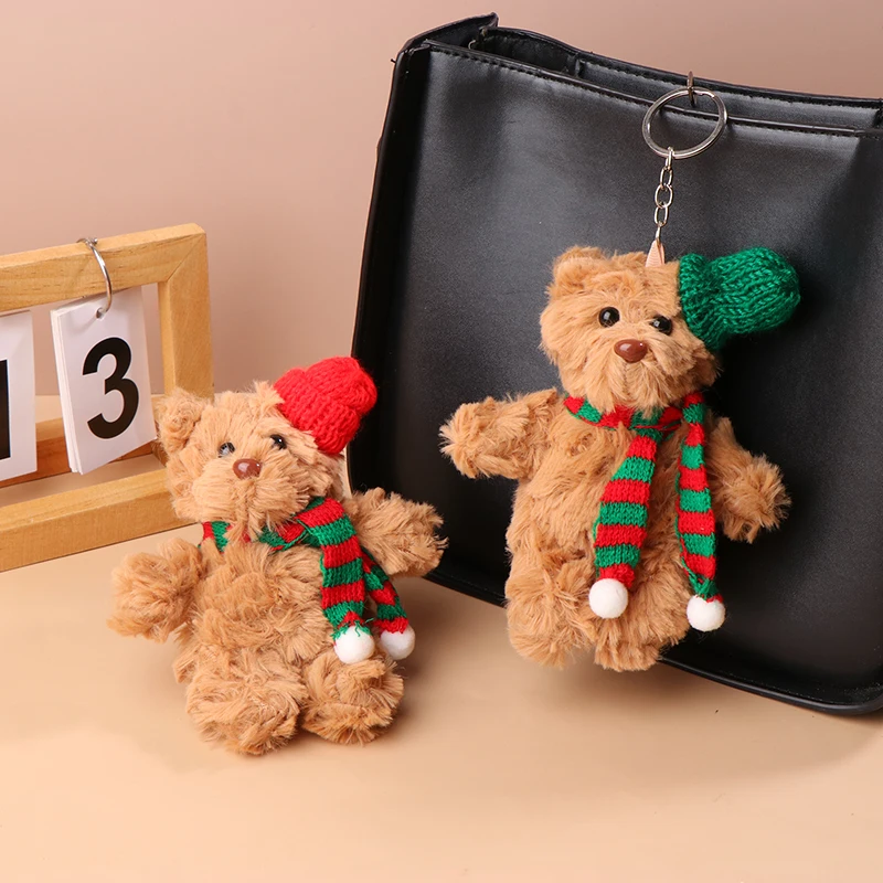 Christmas Bear Plush Toy Cartoon Bear Stuffed Keychain Plush Animal Keyring Cute Backpack Pendant Decoration Xmas Gifts