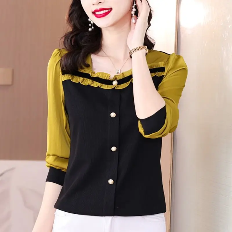 Spring Office Lady Ruffles Square Collar Long Sleeve Shirts Women Clothes Fashion Buttons T-Shirt Femme Korean Patchwork Top Tee