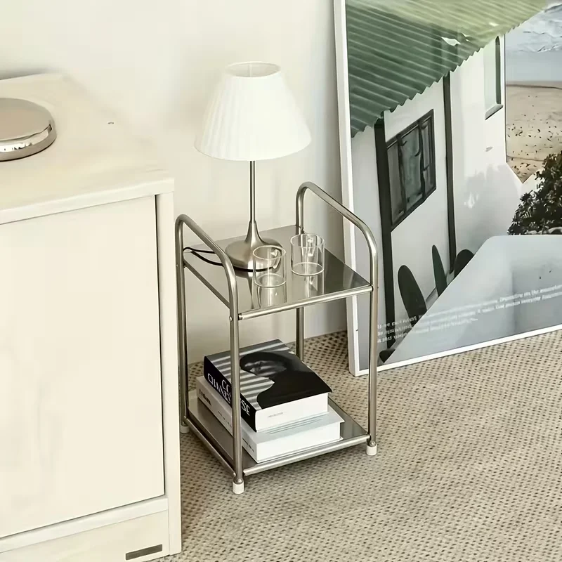 Modern Stainless Steel Side Table with Storage Silvery Bedside Table No Assembly Required Home Storage Rack Compact Design