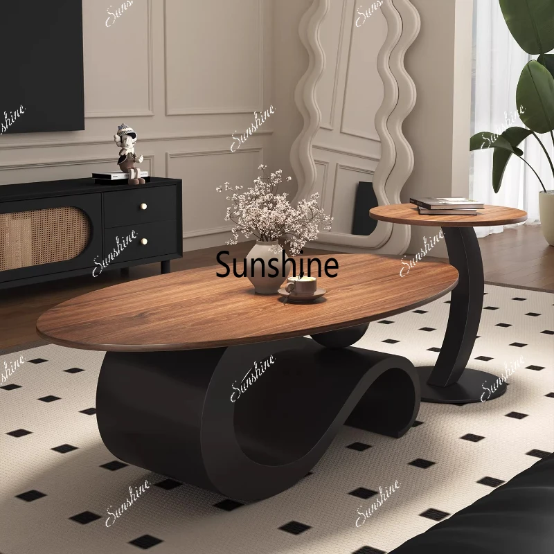 

Italian light luxury solid wood small apartment, living room home French high-end sense, oval coffee table combination