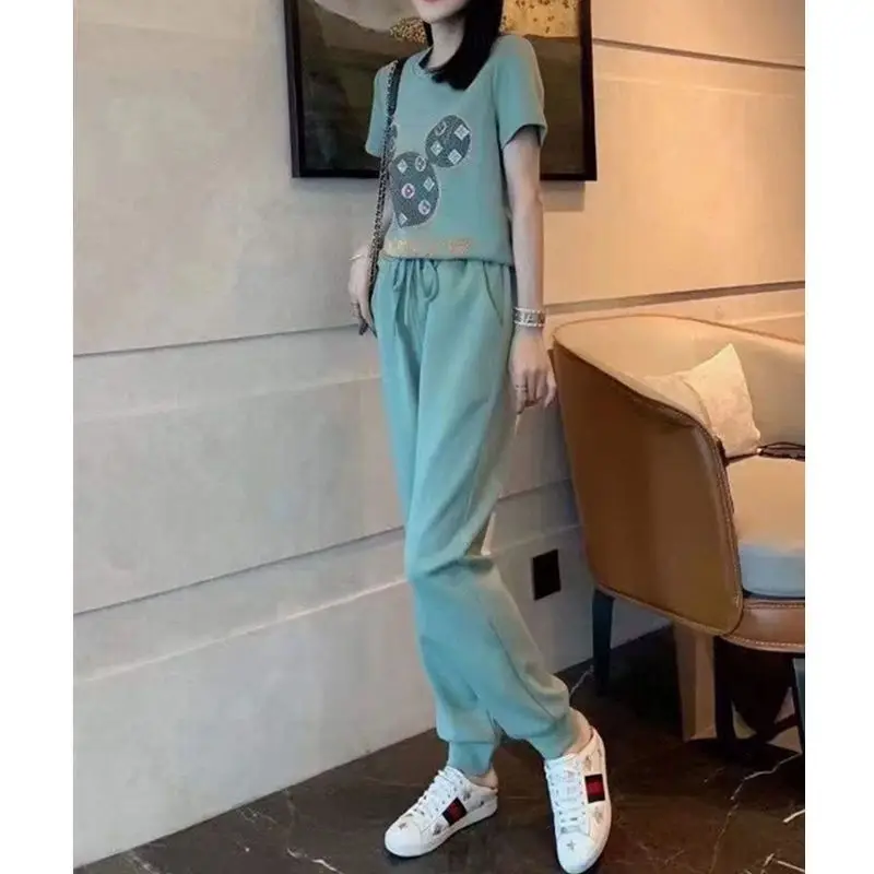 Women's Summer 2024 New Round Neck Hot Drill Short Sleeve T-shirt Girded Feet Pant Suit Leisure Sports Two-piece Set