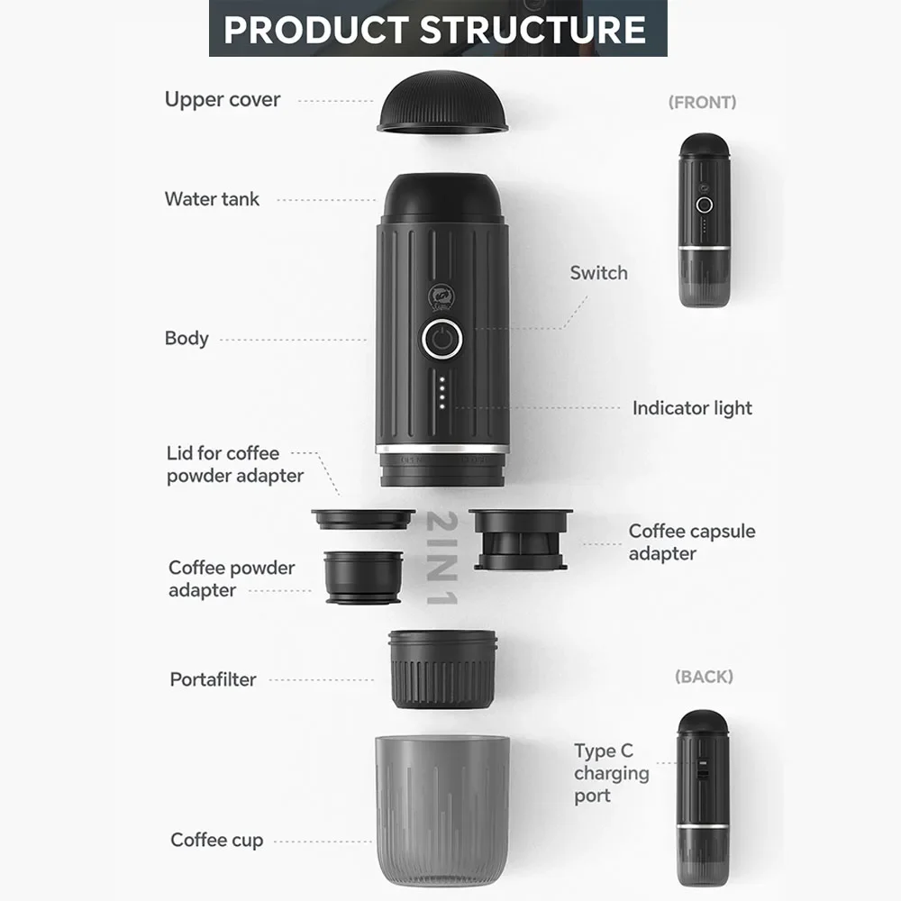 iCafilas Portable Coffee Maker Electric Espresso Machine Compatible with Capsule & Ground Coffee Travel Coffee Maker for Hiking