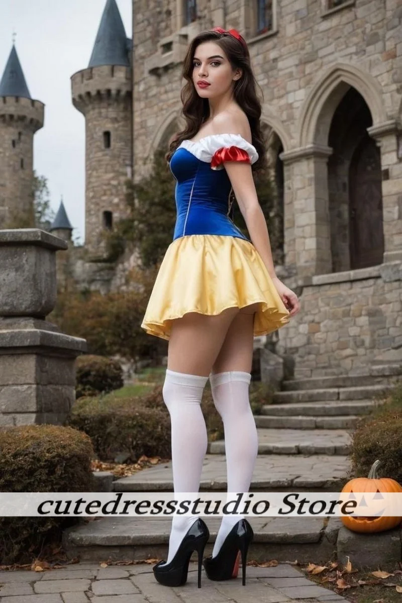 Robe de bal bleu Royal et jaune, épaules dénudées, Cosplay, blanche-neige, Convention de bande dessinée, robe de Cocktail, robes de soirée personnalisées