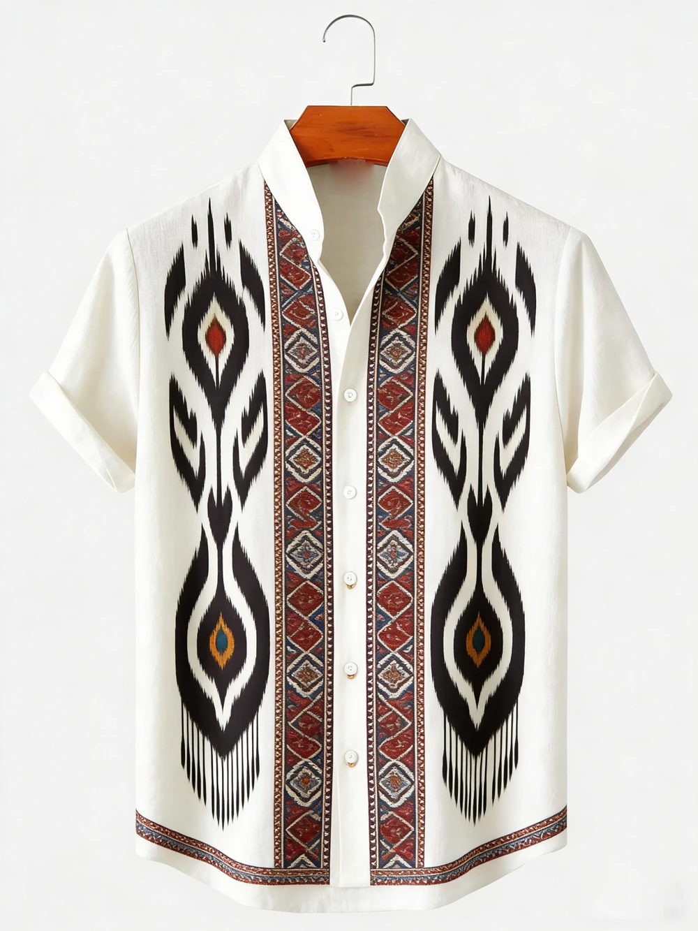 Retro Ethnic Aztec Zigzag Circle Geometric Pattern Unisex Short Sleeve Blouse Camp Collar Loose Hawaiian Vacation Shirt