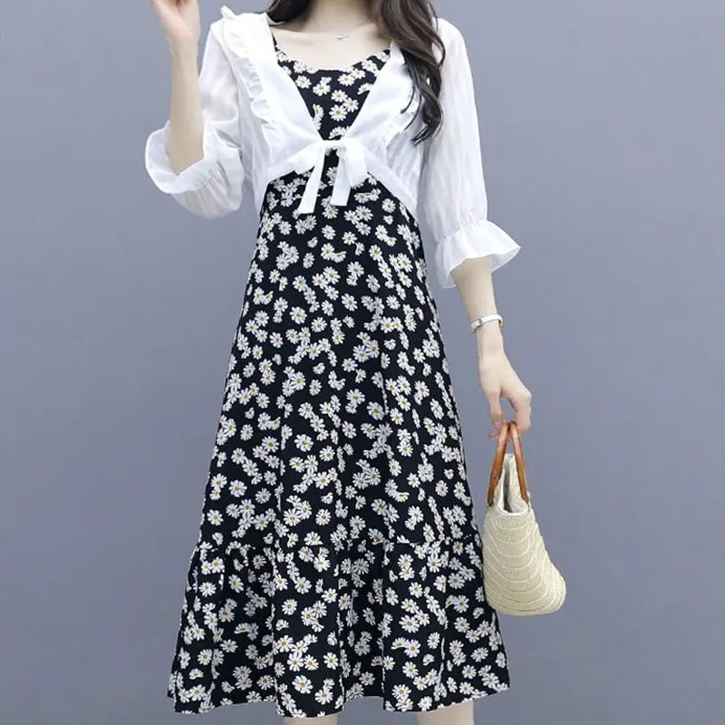 2024 Summer Thin New Broken Flowers Dresses Beach Style Odzież damska Vintage Sleeveless A-Line Waist Commute Slip Midi Dress