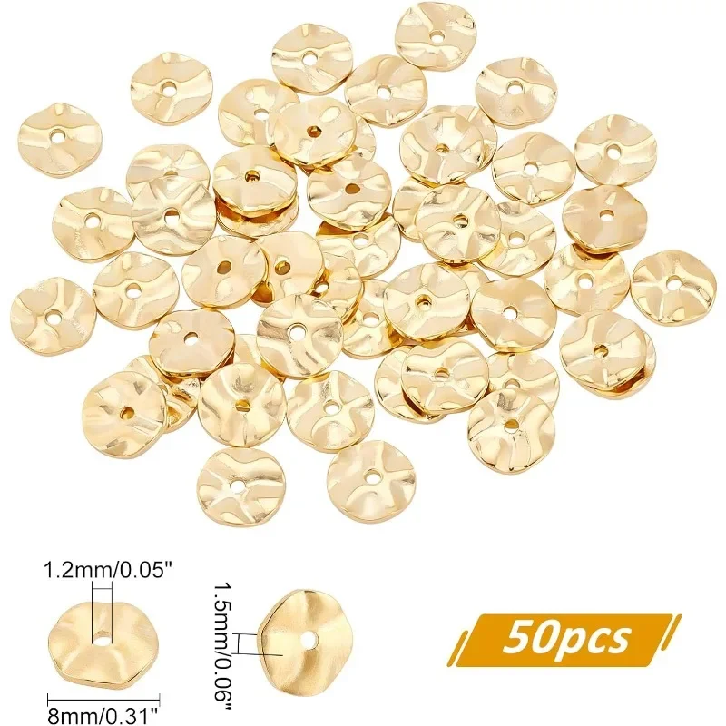 18K ouro chapeado grânulos do espaçador, lisos, redondo, frouxo, bronze, disco ondulado, DIY, colares, brincos, joia que faz, 50Pcs