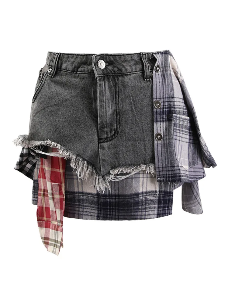 DEAT Fashion Women\'s Denim Skirt Colored Plaid Patchwork Irregular Deconstructed A-line High Waist Mini Skirts Summer 2024 New