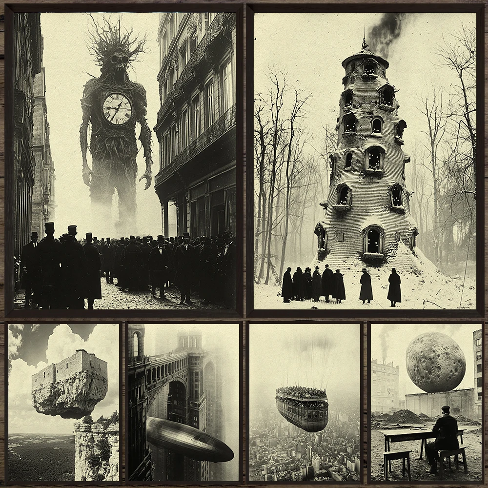 

Weird Buildings,Airships And Future Cities,Vintage Wall Art Canvas Painting,Fantasy Black-white Art Poster And Print Home Decor