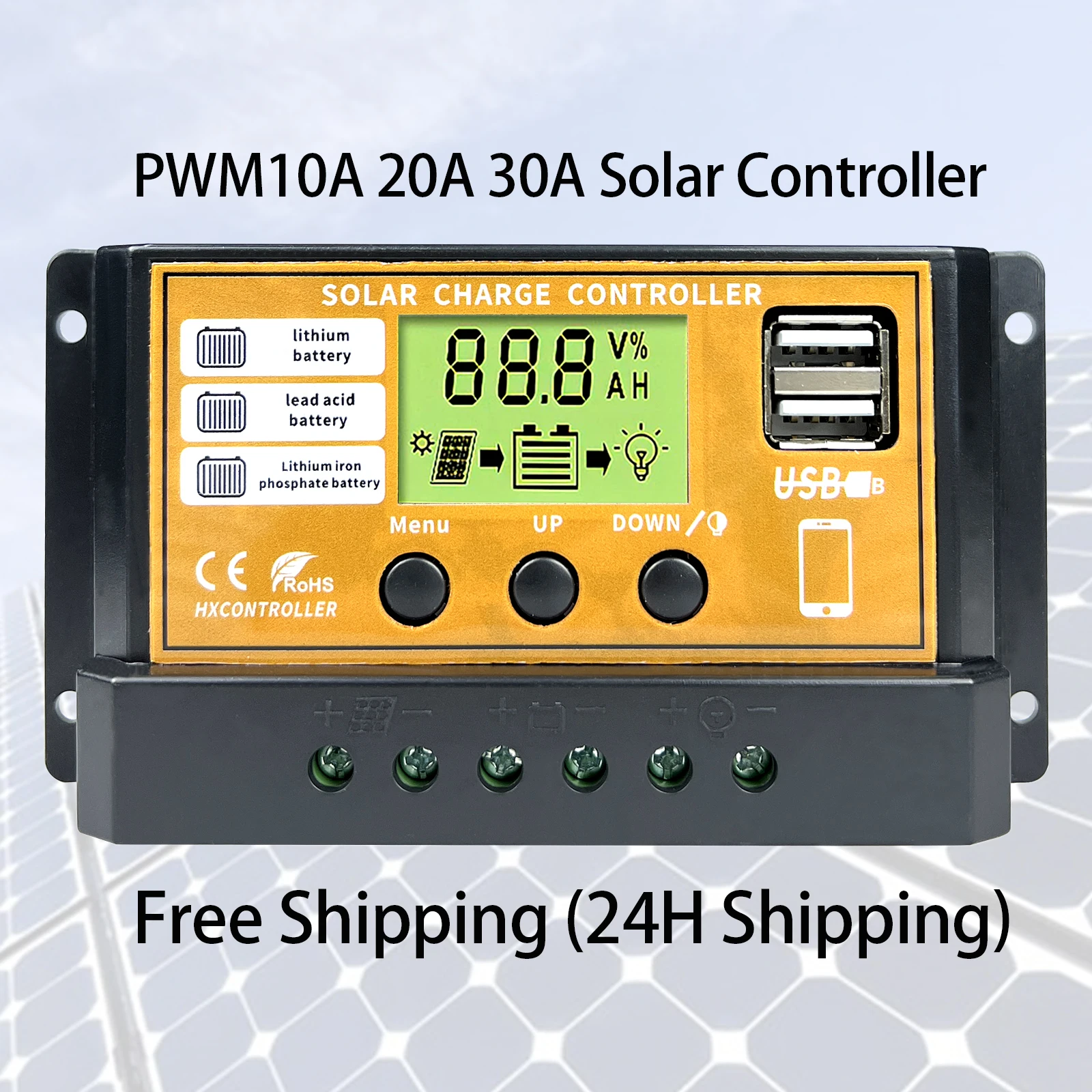 30A 20A 10A Solar Charge Controller 12V24V Auto PWM LCD Dual USB 5V Output Solar Cell Panel Regulator Home Battery Charger